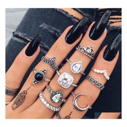 Band Rings Fashion Jewelry Retro Sier Knuckle Ring Set Antique Crystal Diamond Crown Heart Drop Stacking Midi Delivery Dhstv