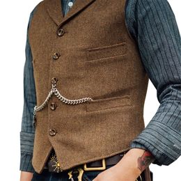 Mens Suit Vest Brown Wedding Wool Tweed Business Waistcoat Jacket Casual Slim Fit Gilet Homme Vests For Groosmen Man 220704