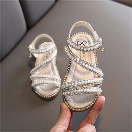 Summer Girls Shoes Bead Mary Janes Flats Fling Princess Baby Dance Kids Sandals Children Wedding Pink D238 220621