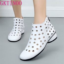 GKTINOO Summer Ankle Boots Genuine Leather Shoes Women Med High Heel Back Zipper Boots Cutout breathable Mujer Zapatos 201106