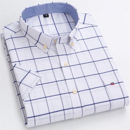 Mens Summer Casual Short Sleeve 100% Cotton Thin Oxford Shirt Single Patch Pocket Standardfit Buttondown Plaid Striped Shirts 220527