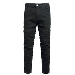 Fashion Slim Fit Biker Jeans 2022 Black High Street Stretch Motorcycle Pants Pleated Zipper Tight Trousers Vaqueros de hombre