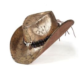 Berets Men Women Leather Western Cowboy Hats Outdoor Gold Rill Brim Jazz Hat Sombrero Hombre Cowgirl Punk Belt Size 58-59CMBerets