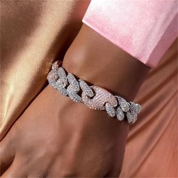 2022 New Two Tone Lock Clasp Heavy Iced Out Cuban Charm Bracelets Chains Cubic Zircon Link Hip Hop Rock Jewellery For Men Women