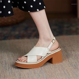 Retro Punk Cross Tied Genuine Leather Sandals Ladies 2022 Summer Gothic Chunky Block High Heels Shoes Women Office Daily