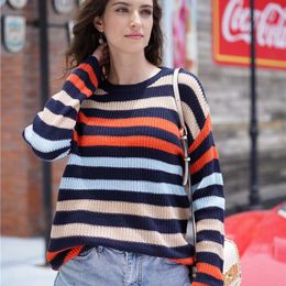 Women Striped Sweaters Autumn Winter Rainbow Crew Neck Reef Wool Pullover Oversized Long Sleeve Korean Fashion Loose Clothes 220816