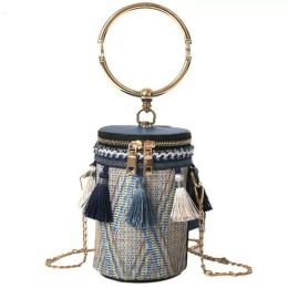 2021 Summer Fashion New Handbag High quality Straw bag Women bag Round Tote bag Hand Metal Ring Tassel Chain Shoulder Travel