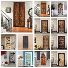 Creative 3D Door Sticker Home Decor Design Retro Wood Wallpaper Sticker For Door Self Adhesive Removable Mural For Sleeping Room 210317