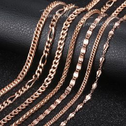 Chains Womens Necklace Bismark Chain 585 Rose Gold Filled Hammered Curb Cuban Rombo Link 3/4/4.5/5mm GNM01Chains