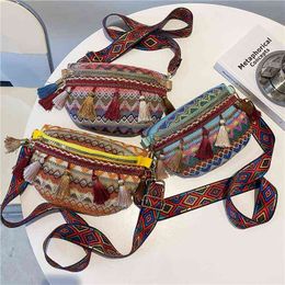 Bel Çantaları Ulusal Tassel Dokuma Tasarımı Kadınlar İçin Renkli Dalgalı Stripe Tuval Paketi Kadın Fanny Lady Crossbody Bag 220810