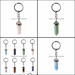 Key Rings Natural Stone Hexagonal Prism Keychains Sier Colour Healing Amethyst Pink Crystal Car Decor Keyholder Carshop2006 Dhtqx