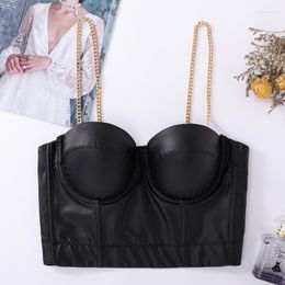 Women's Tanks & Camis Women PU Leather Vest Black Solid Sleeveless Spaghetti Chain Strap Crop Tops Backless Camisole For Summer Skinny Clubw