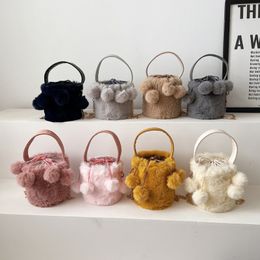 children faux fur bucket handbags sweet girls plush pompons circular single shoulder bag kids cosmetics bags F1475