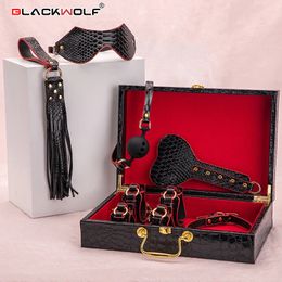 BLACKWOLF BDSM Bed Bondage Set Slave PU Leather Handcuffs Collar Whip Gag Adult Product sexy Toys Kits for Women Couples Gay