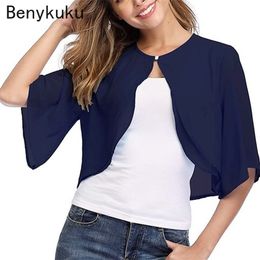 Summer Solid Chiffon Shirts Capes Women Half Sleeve Shrug Open Front Bolero Tops Cardigan Elegant Female Clothes Black White Red 220815