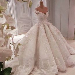 Luxury Appliques LACE Sequin Pleated Wedding Ball Gowns Custom Made 2022 Saudi Arabia Bridal Formal Maxi Gown Romantic BES121