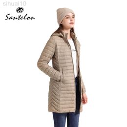 SANTELON Women Long Warm Parka Coat With Hood Female Winter Outdoor Padded Cotton Clothes Ultralight Portable Outwear With Bag L220730
