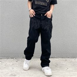 Mens Pants Y2k Emo Fashion Black Streetwear Embroidered Low Rise Baggy Jeans Trousers Straight Hip Hop Alt Denim Male Clothes 220826