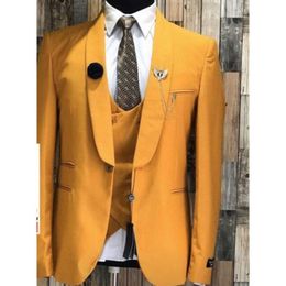 Men's Suits & Blazers Latest Fashion Bright Yellow 3 Pieces Men Vest Pants Coat Design Wedding Tuxedos Business Formal SetMen's