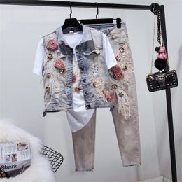 Spring Summer New Jeans Set Womens Two Piece Sets Sequined Embroidered Denim Waistcoat Slim Jeans Plus Size Shorts Suit T200325
