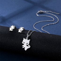 Korean temperament cat necklace geometric kitten collarbone chain pendant earrings set women accessories holiday gift jewelry