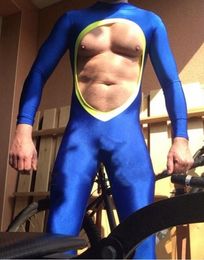 New Arrival Sexy Catsuit Costumes Lycra Spandex Zentai Tight Royal Blue Catsuit Fashion Male Open Chest Bodysuit