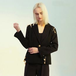 Medigo-531 Women Suits Blazers Jacket Hollow Out Patchwork Lace Up Women's Blazer Notched Long Sleeve Slim Elegant Female Suit