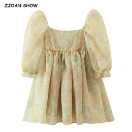 Princess Yellow Floral Print Organza Ball Gown Dress Puff Sleeve Retro Women Swing Short Dresses Fairy Vestidos Party Robe 220511