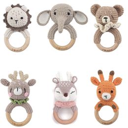 Baby Rattles DIY Crochet Cartoon Lion Doll Hand Bell Carved Wooden Ring Teething Toys born Molar Teether Eonal Toy 220531