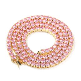 Luxury Men Women Diamond Chain y Iced Out 4mm Pink CZ Tennis Chain Necklace