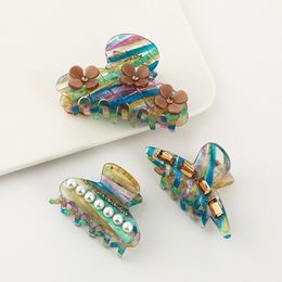 Hair Clips & Barrettes New Design Retro Green Striped Coffee Flowers With Rhinestones Hair Claw Fashion Colors Acetic Acid Texture Shark Clip For Woman