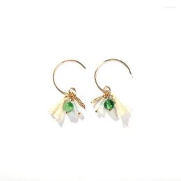 Vintage Boho Style White Tassels Green Beads Clear Drop-Shaped Crystal Dangle Earrings Golden Drop For Women & Chandelier