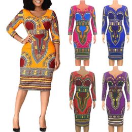 European and American women of African folk customs Sleeve V-neck dress tight skirt and long sections