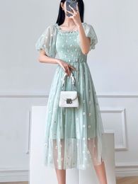 Embroidered Off-Shoulder Dresses Fairy Chic Gentle Dress Female Style Sweet Daisy Printed Mesh Long Floral Dress Female 220516