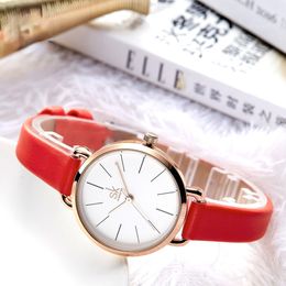 New Women Watches Red Leather Strap Simple Dial Ladies Quartz Clock Colourful Selection Freestyle Zegarek Damski