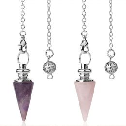 Pendant Necklaces 1Pc Conical Pendulum Natural Stone Taper Pendulums Silver Colour Chain Crystal Pendants For Dowsing Spiritual Reiki Jewellery