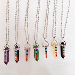 Reiki Cura Stones Colares 7 Chakra Colorido Natural Gemstone Hexagonal Prism Bullet Pendulum Jóias Para As Mulheres Homens Presentes Cristal Strass Pingente Charms