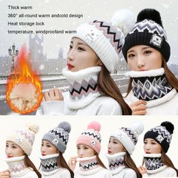 Berets Piece Set Winter Warm Knitted Hat For Women Thickened Velvet Wool Outdoor Beanies Neck Protection CapBerets