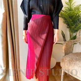 Miyake pleated skirt High waist one button stitching long asymmetrical skirt two-piece straight Korea skirt 4984 210331