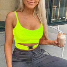 Sexy Summer Women Sleeveless Buckle Straps Camis Solid Casual Orange Neon Yellow Bustier Spaghetti Strap Crop Tops G220414