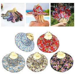 2022 Foldable Hand Fan Sun 2 In1 Portable Floral Printed Bamboo Hat Outdoor Travel Female Seaside Holiday Sunhat Summer Caps