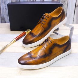 Classic British Style Men Business Dress Shoes Real Leather Brown Wingtip Lace Up Oxford Flat Fashion Causal Shoes A19