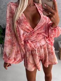 Women's Tracksuits Elegant Floral Print Loose Two Piece Suit Spring Sexy V-neck Tie-up Blouse And Shorts Set Summer Women Casual Long Sleeve