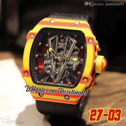 2022 27-03 Miyota Automatic Mens Watch Red Yellow Carbon Fiber Case Black Skeleton Dial Nylon Strap Super Edition Puretime01 E74A1