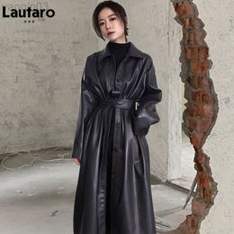 Lautaro Autumn Long Black Cool PU Leather Trench Coat for Women Belt Single Breasted Loose Korean Fashion Clothes 2022 L220801