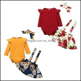 Clothing Sets Kids Girls Outfits Children Headbandsandflying Sleeve Romper Topsandflowers Floral Print Strap Dres Mxhome Dhmvz