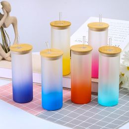 16oz sublimation blanks gradient Colour frosted glass water bottle TUMBLER With bamboo Lid and plastic Straw SN4312