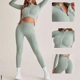 Thicken Zipper Women Seamless Yoga Set Sports Long Sleeve Crop Tops Gym Scrunch Leggings Workout Clothes Active 220330