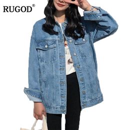 RUGOD Solid Turndown Collar Jean Jacket for Women Loose Casual Blue Fashionable Women Coats Female outwear Denim Feminine T200212