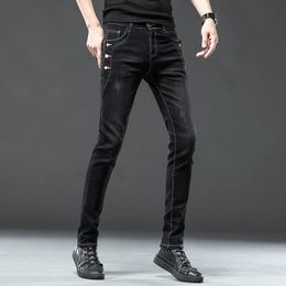 Men's Jeans Men's Skinny Grey Blue Snow Washed Multiple Buttons Fashion Male Elasticity Straight Slim Denim Trousers StreetwearMen's